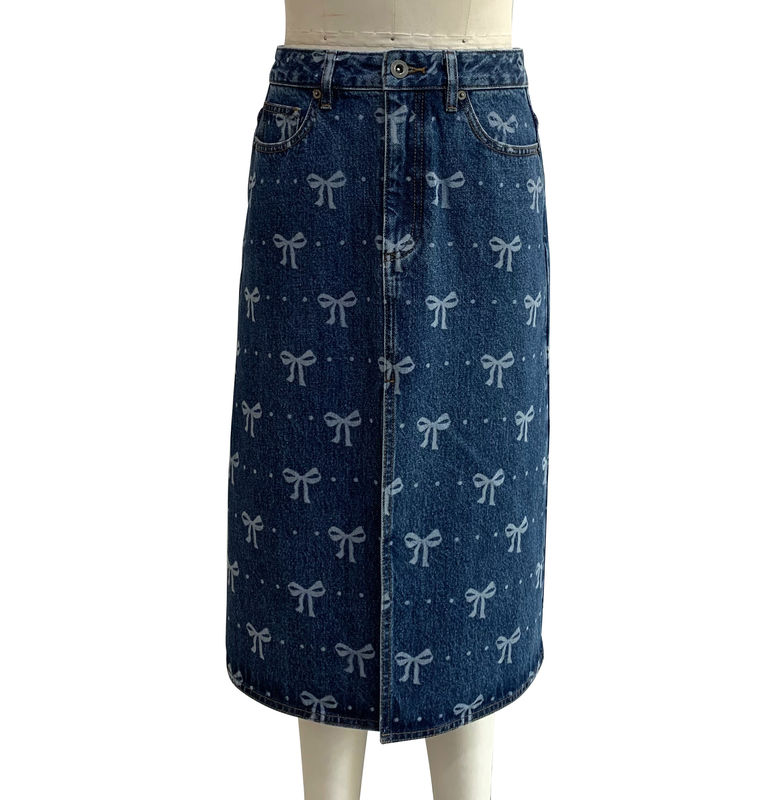 All Over Bow Print Long Denim Skirt Untuk Desain Yang Mainan Dan Feminine